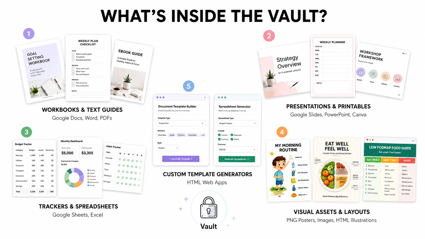 A preview of the templates and tools inside the Creators Membership Vault